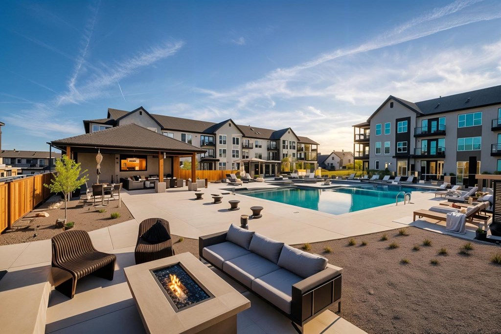 A modern outdoor seating area with a fire pit in the middle of a poolside patio.