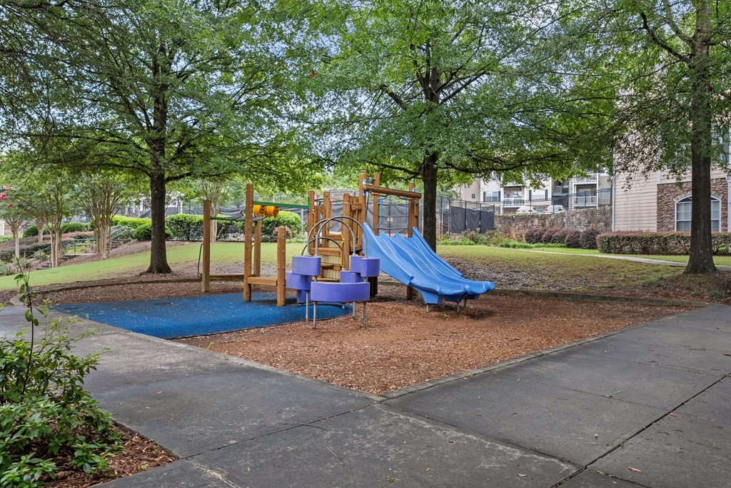 Community playground surrounded by mature trees at Village at Almand Creek, Conyers, GA.