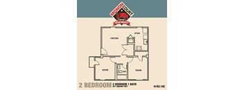 A floor plan of a two bedroom apartment with a living room, kitchen and bathroom.