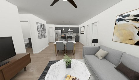 a living room with a couch and a table