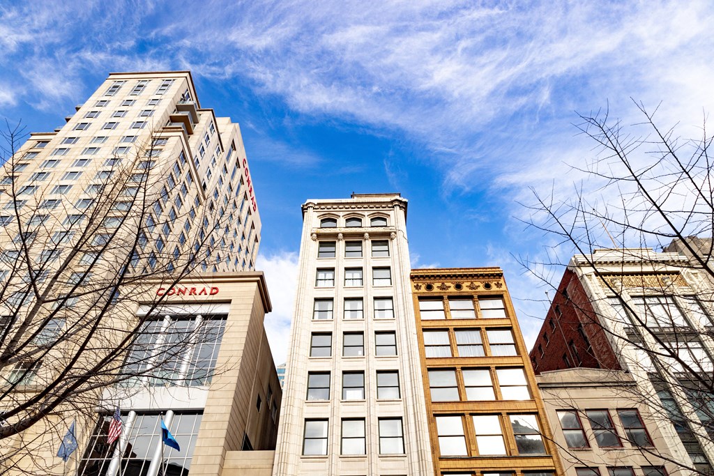 looking up at the southwest corner of the tower at 26 West, Managed by Buckingham Urban Living, Indianapolis