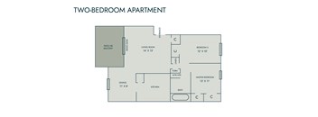 A diagram of a two-bedroom apartment with a living room, dining room, kitchen, and bathroom.