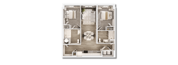 A floor plan of a small apartment with two bedrooms and a living area.