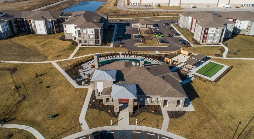 Aerial shot of the club house and amenities at Echo Park at Perry Crossing Apartments, Indiana, 46168