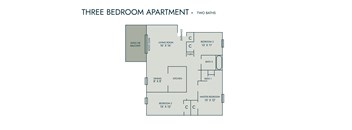 A diagram of a three bedroom apartment with two bathrooms.