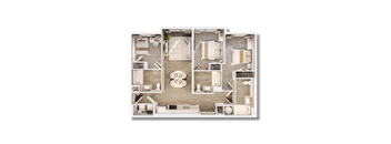 A detailed 3D floor plan of a residential apartment layout.