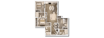 A detailed 3D floor plan of a house layout.