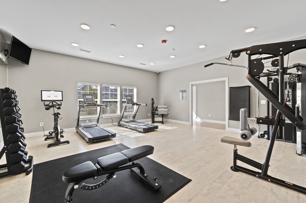 A spacious home gym with a variety of equipment including a treadmill, elliptical machines, and weight machines.