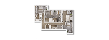 A detailed 3D floor plan of a multi-bedroom apartment.