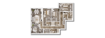 A detailed floor plan of a house with labeled rooms and furniture.
