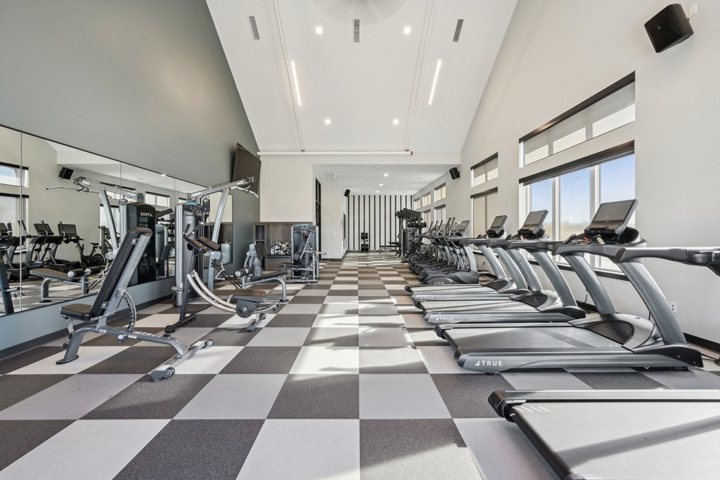 A gym with treadmills and elliptical machines.