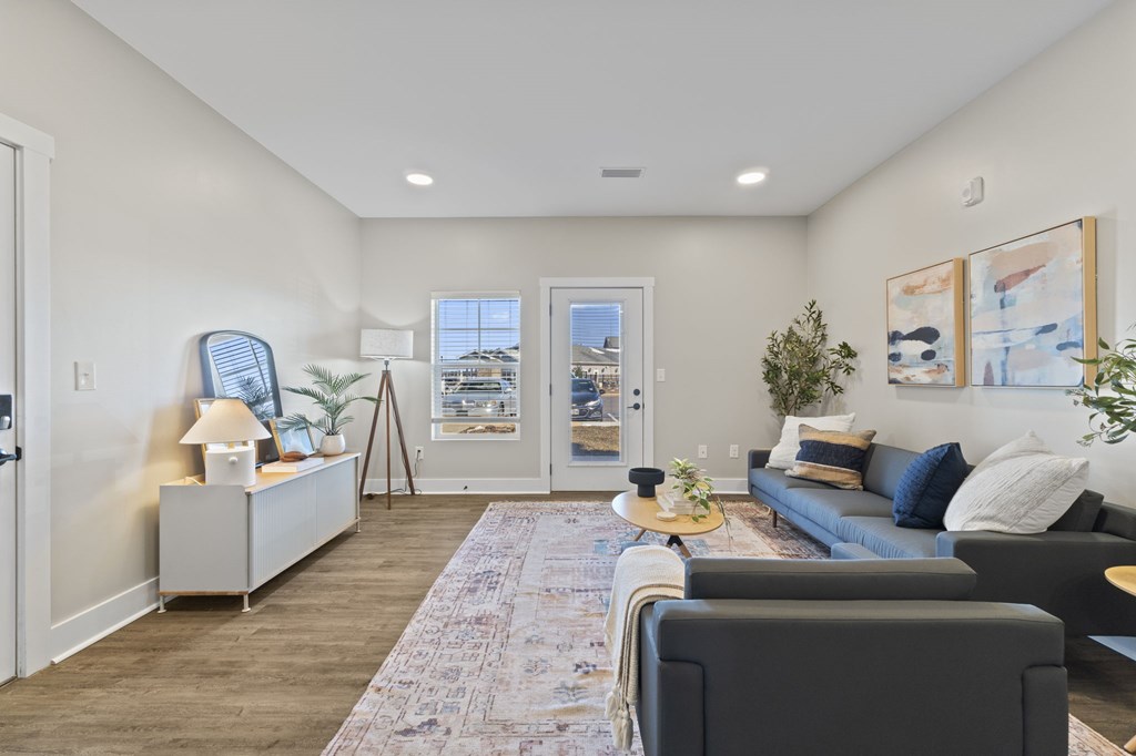 A living room with a grey couch and a patterned rug.