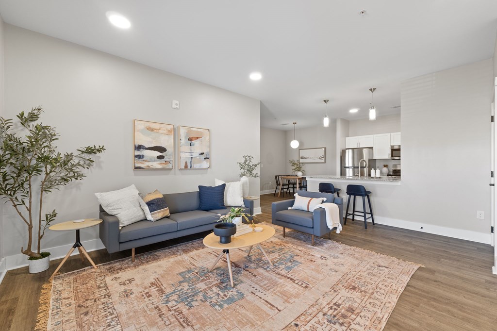 A living room with a grey couch, a blue chair, and a rug.