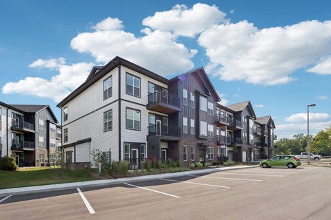 Apartment exteriors with balconies  at Montage West Lafayette Apartments, Indiana