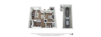 a stylized floor plan with a bedroom and a living room