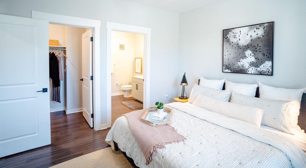 a bedroom with a bed and a bathroom with a closet