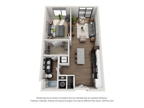 a stylized floor plan with a bedroom and a living room