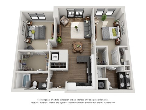 A 2 bedroom floorplan at Aertson Midtown in Nashville, TN 37203