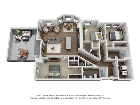 A three bedroom floor plan at Aertson Midtown in Nashville, TN 37203