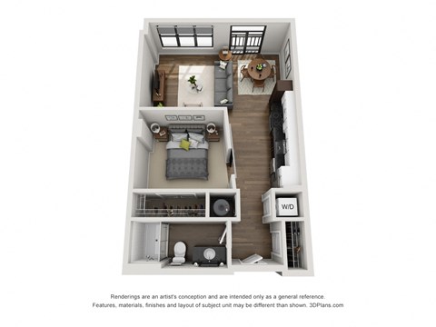 a stylized floor plan with a bedroom and a living room