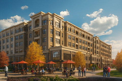 A large building with a courtyard in front of it at Portrait Midtown Apartments, Indiana