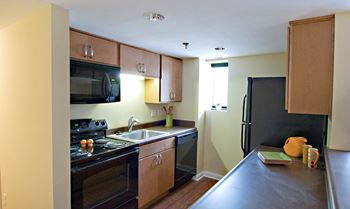 Updated Kitchen With Black Appliances at The Ambassador at Library Square, Indianapolis, Indiana