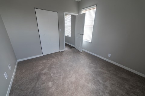 a bedroom with a carpeted floor and a door to a closet