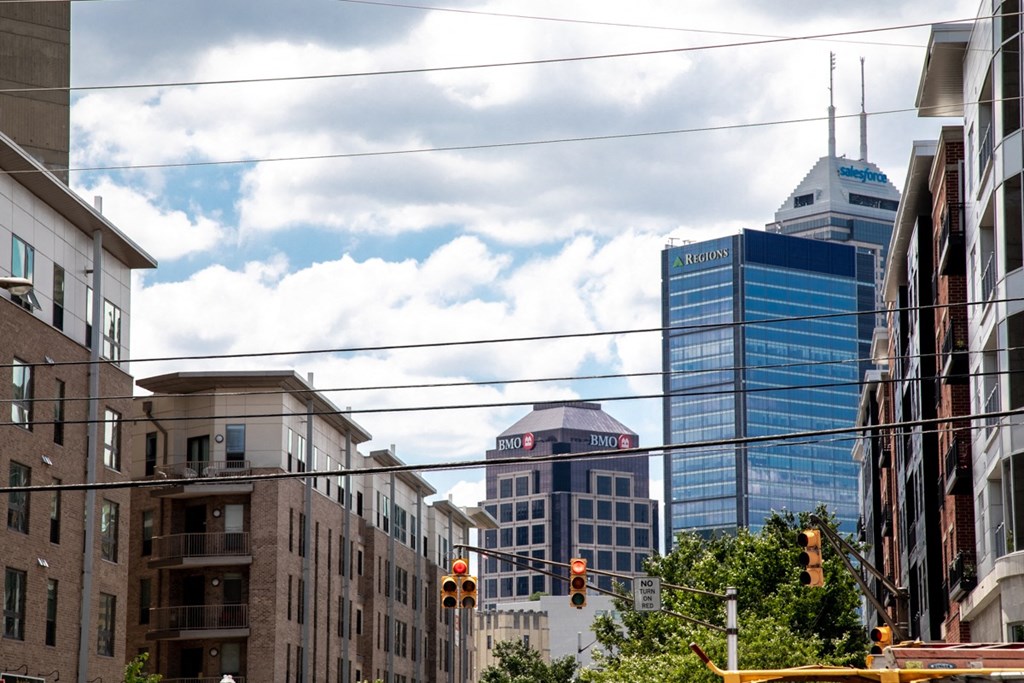 Downtown Indianapolis skyline view from the sidewalk of popular Massachusetts Avenue at The Argyle on Mass Ave, Indianapolis, IN, 46202