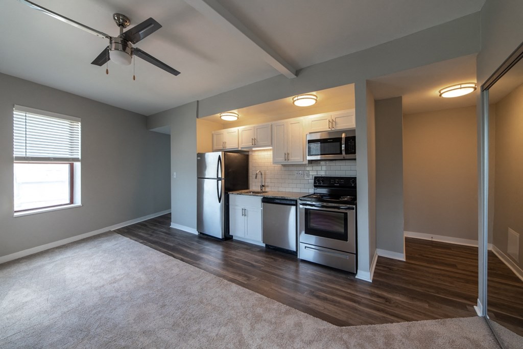 Updated kitchen with stainless steel appliances at The Argyle on Mass Ave, Indiana