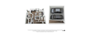 a 2 bedroom floor plan with a car and a garage