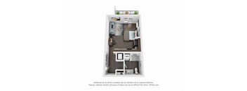 a 1 bedroom floorplan with a bathroom and a closet at The Century at Purdue Research Park-Student, West Lafayette Indiana