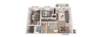 a floor plan of a two bedroom apartment with two bathrooms and a balcony with a teddy