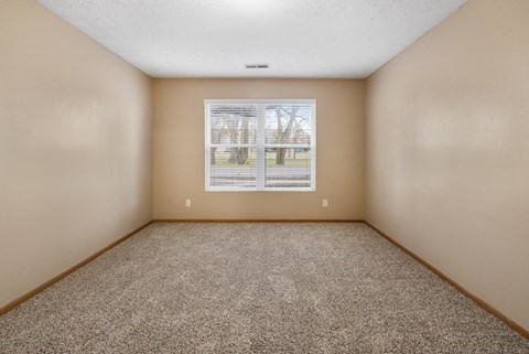 A room with a carpeted floor and a window showing a view of a street.