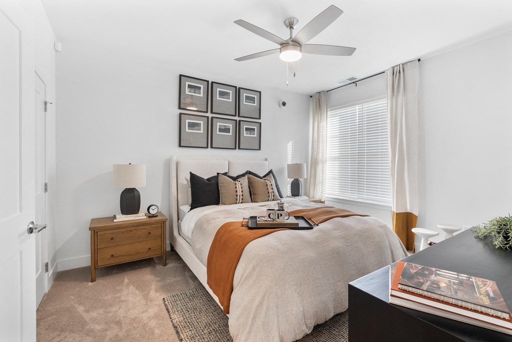A bedroom with a large bed, a ceiling fan, and a nightstand with a lamp.