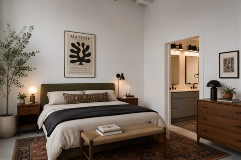 A bedroom with a large bed and a poster on the wall.