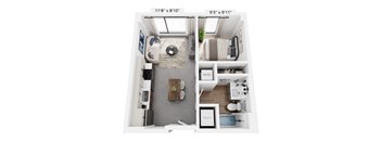 A floor plan of a small apartment with a kitchen, living room, and bathroom.