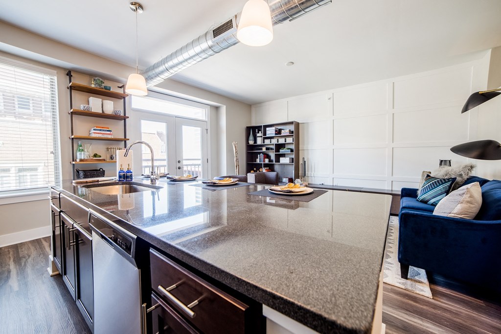 Island kitchen at The Congress at Library Square, Indianapolis, Indiana