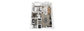 The Harmony floor plan at Contrast OTR in Cincinnati’s Over-the-Rhine is a modern one-bedroom, one-bathroom layout with open living, sleek kitchen, walk-in closet, and in-unit washer and dryer—ideal for downtown living near TQL Stadium