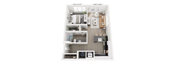 The Refraction floor plan at Contrast OTR in Cincinnati’s Over-the-Rhine is a sleek one-bedroom with open living, kitchen island, walk-in closet, and in-unit laundry—steps from TQL Stadium and downtown life.