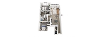 The Fusion floor plan at Contrast OTR in Cincinnati’s Over-the-Rhine is a two-bedroom, two-bath with open living, kitchen island, and in-unit laundry—ideal for vibrant downtown living near TQL Stadium