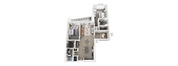 The Shadow floor plan at Contrast OTR in Cincinnati’s Over-the-Rhine is a two-bedroom, two-bath with open layout, modern finishes, and in-unit laundry—perfect for downtown living near TQL Stadium.