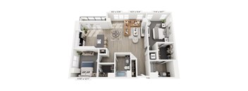 The Duality floor plan at Contrast OTR in Cincinnati’s Over-the-Rhine is a spacious two-bedroom, two-bath with walk-in closets, open living, and in-unit laundry—ideal for upscale downtown living near TQL Stadium.