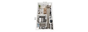 The Echo floor plan at Contrast OTR in Cincinnati’s Over-the-Rhine is a stylish studio apartment with an open layout, modern kitchen, sleeping nook, and in-unit washer and dryer—perfect for efficient urban living near downtown and TQL Stadium