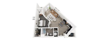 The Edge floor plan at Contrast OTR in Cincinnati’s Over-the-Rhine features a unique one-bedroom layout with open living, modern kitchen, walk-in closet, and in-unit laundry—ideal for urban living near TQL Stadium