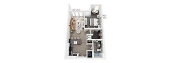 The Highlight floor plan at Contrast OTR in Cincinnati, Ohio’s Over-the-Rhine neighborhood is a 697 sq. ft. one-bedroom, one-bathroom apartment featuring an open-concept layout, modern kitchen, walk-in closet, and in-unit washer and dryer—perfect for urban living near TQL Stadium and downtown