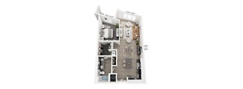 The Monochrome floor plan at Contrast OTR in Cincinnati’s Over-the-Rhine is a spacious one-bedroom with dual-sink vanity, walk-in closet, open living, and in-unit laundry—ideal for vibrant downtown living