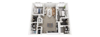 The Balance floor plan at Contrast OTR in Cincinnati’s Over-the-Rhine is a two-bedroom, two-bath with open layout, walk-in closets, and in-unit laundry—ideal for modern downtown living near TQL Stadium