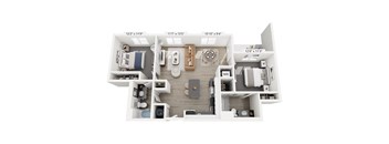 The Interplay floor plan at Contrast OTR in Cincinnati’s Over-the-Rhine is a two-bedroom, two-bath with open living, modern kitchen, and in-unit laundry—perfect for downtown living near TQL Stadium