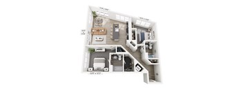 The Diverge floor plan at Contrast OTR in Cincinnati’s Over-the-Rhine is a two-bedroom, two-bath with a unique layout, open living, and in-unit laundry—perfect for stylish downtown living near TQL Stadium