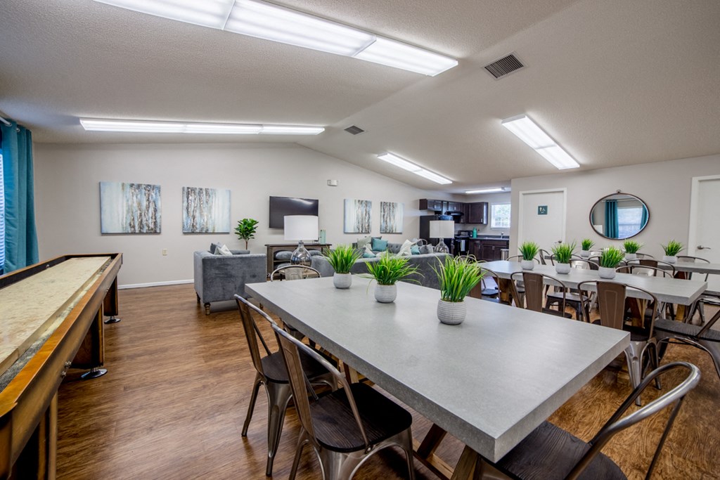 clubhouse with community table and shuffle board